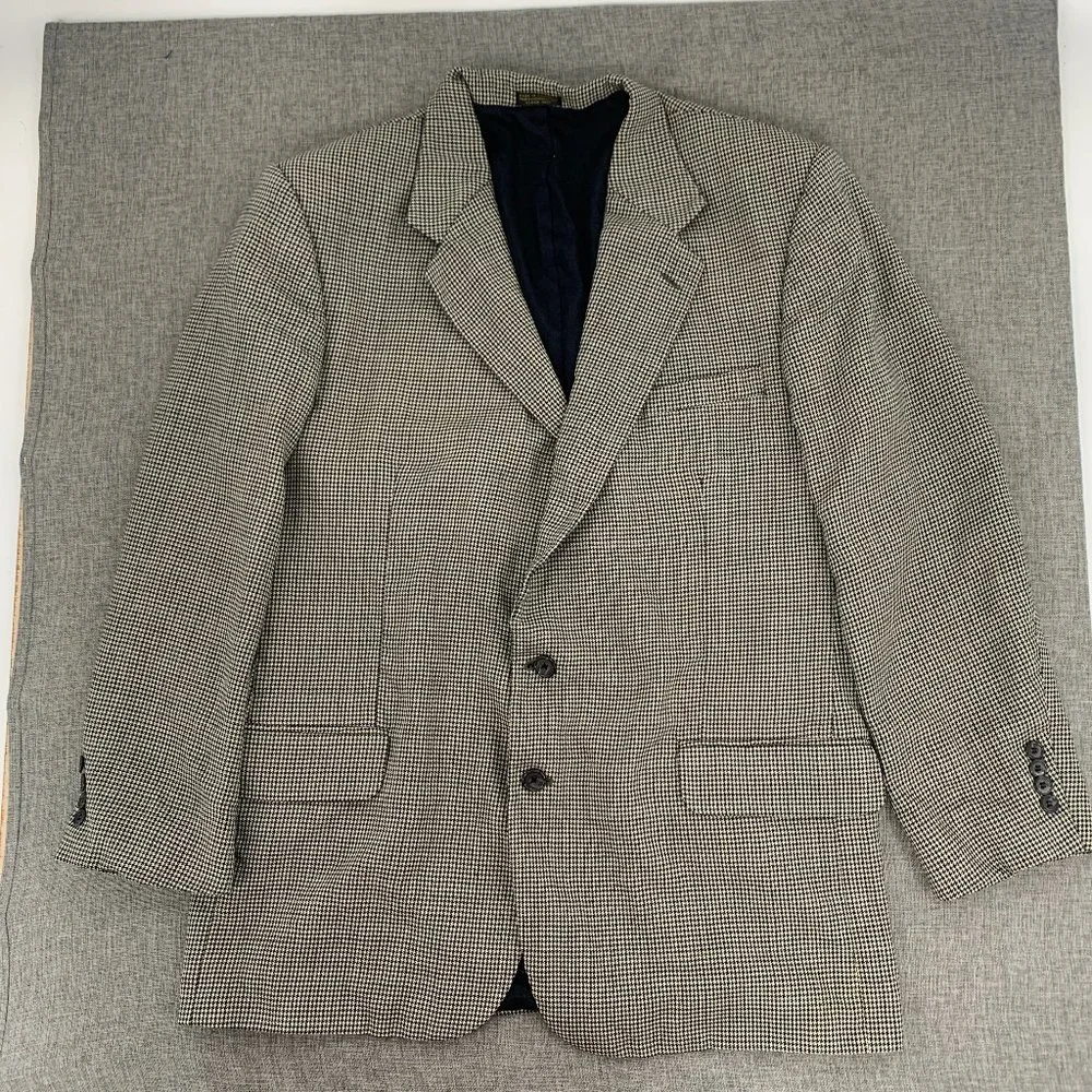Vintage Mens Oscar‎ de la Renta Blazer Houndstooth 46L 100% Wool Line Ivory Navy